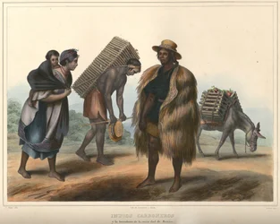 Indios Carboneros, Kostümgruppe. Handkolorierte Lithographie mit Gummiarabikum hervorgehoben. Originalgröße (saubere Linien)